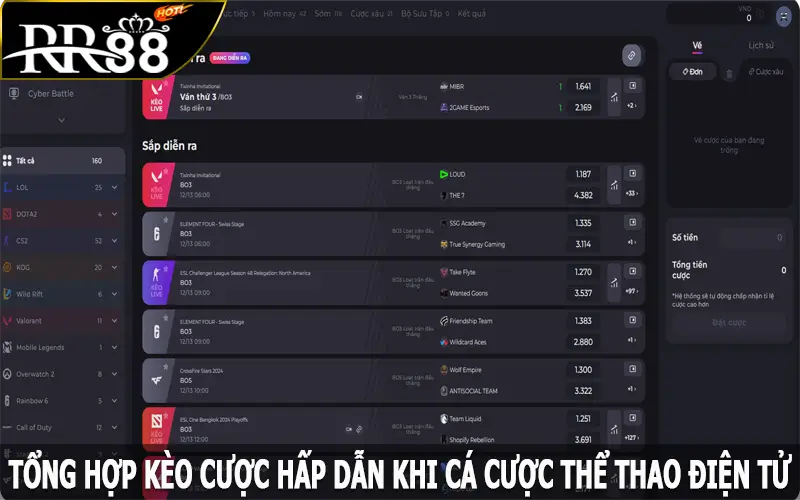 Tổng hợp kèo cược hấp dẫn khi cá cược Esports RR88