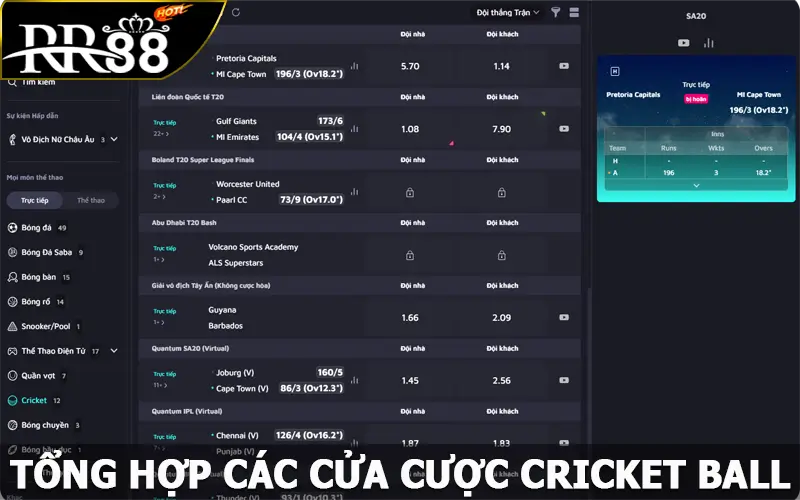 Tổng hợp các cửa cược cricket ball tại hệ thống